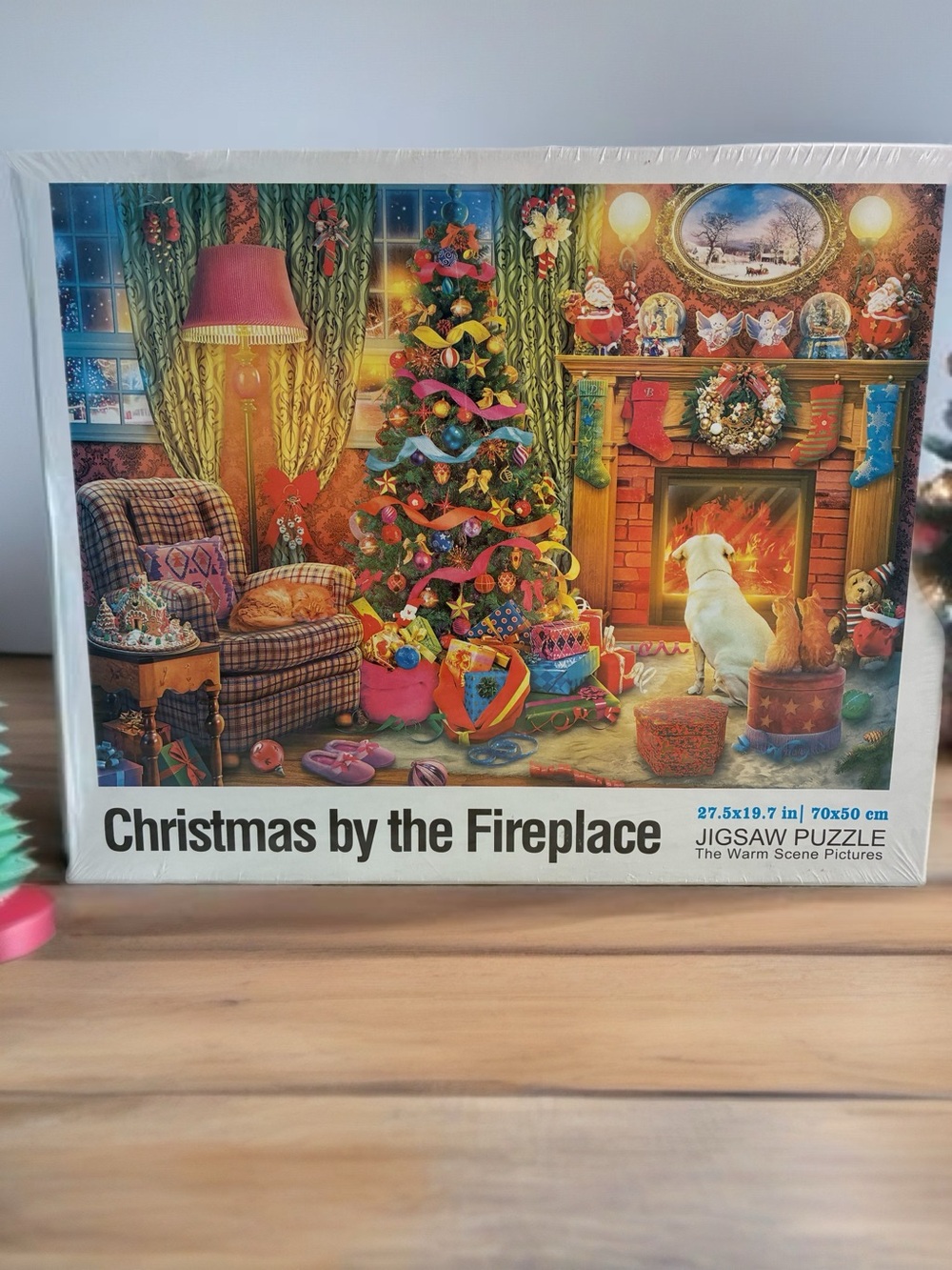 Christmas by the Fireplace Jigsaw Puzzle - Colorful Animal Holiday Scene 1000